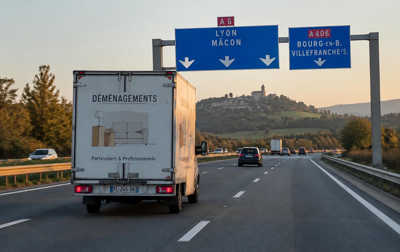 Camion de déménagement sur une autoroute française lors d'un long trajet