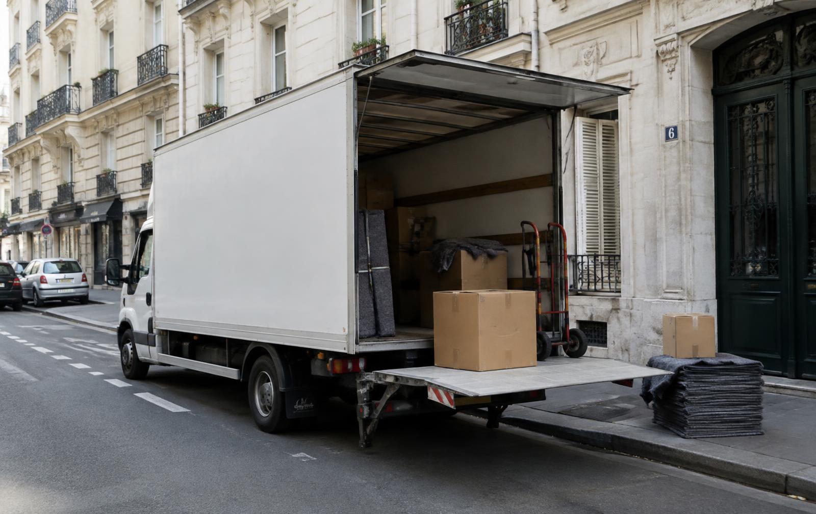 Camion de déménagement blanc hayon ouvert devant un immeuble en pierre