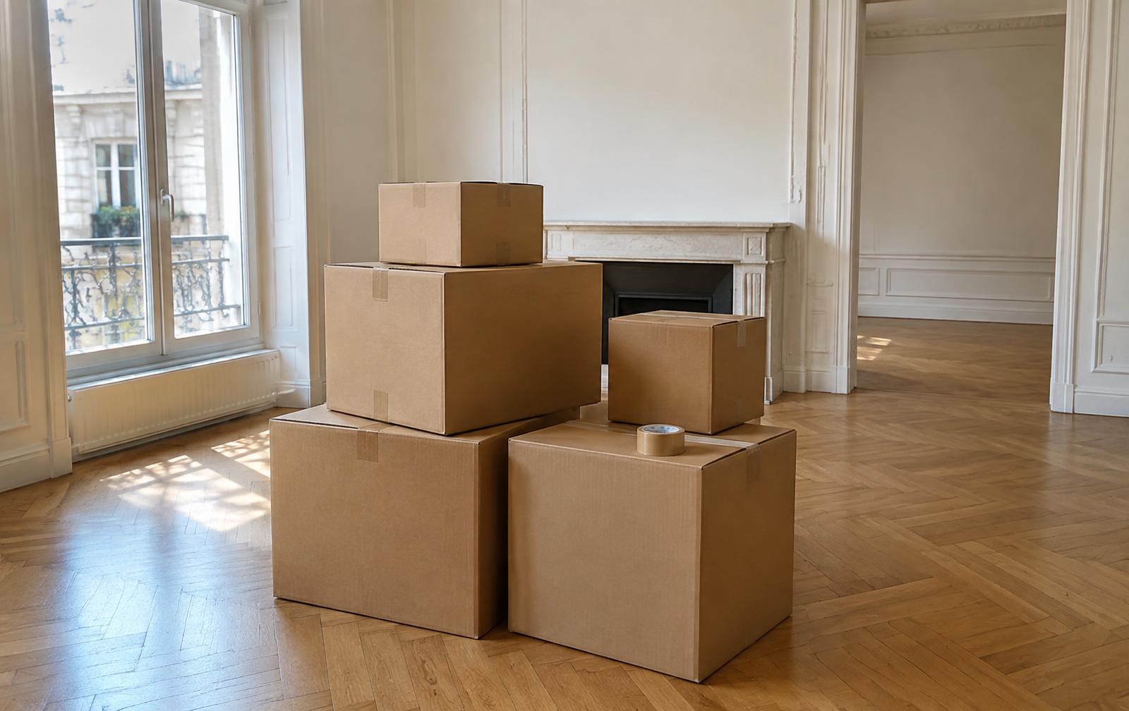 Cartons de déménagement empilés dans un salon vide au parquet