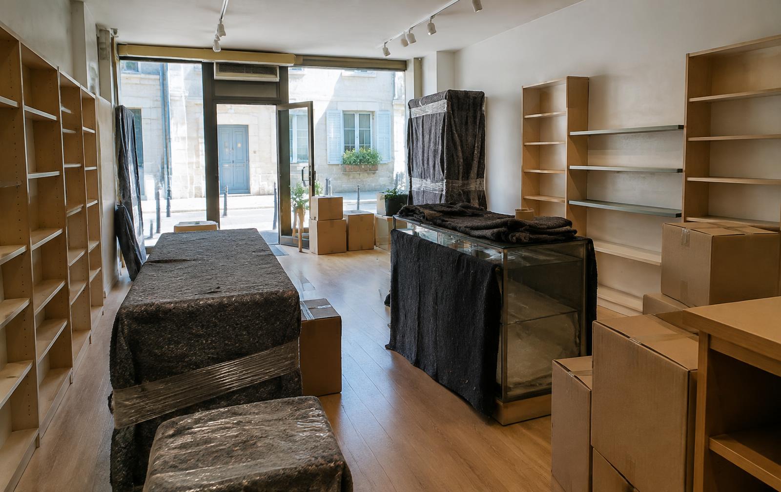 Intérieur d'un commerce avant transfert, mobilier protégé par des couvertures