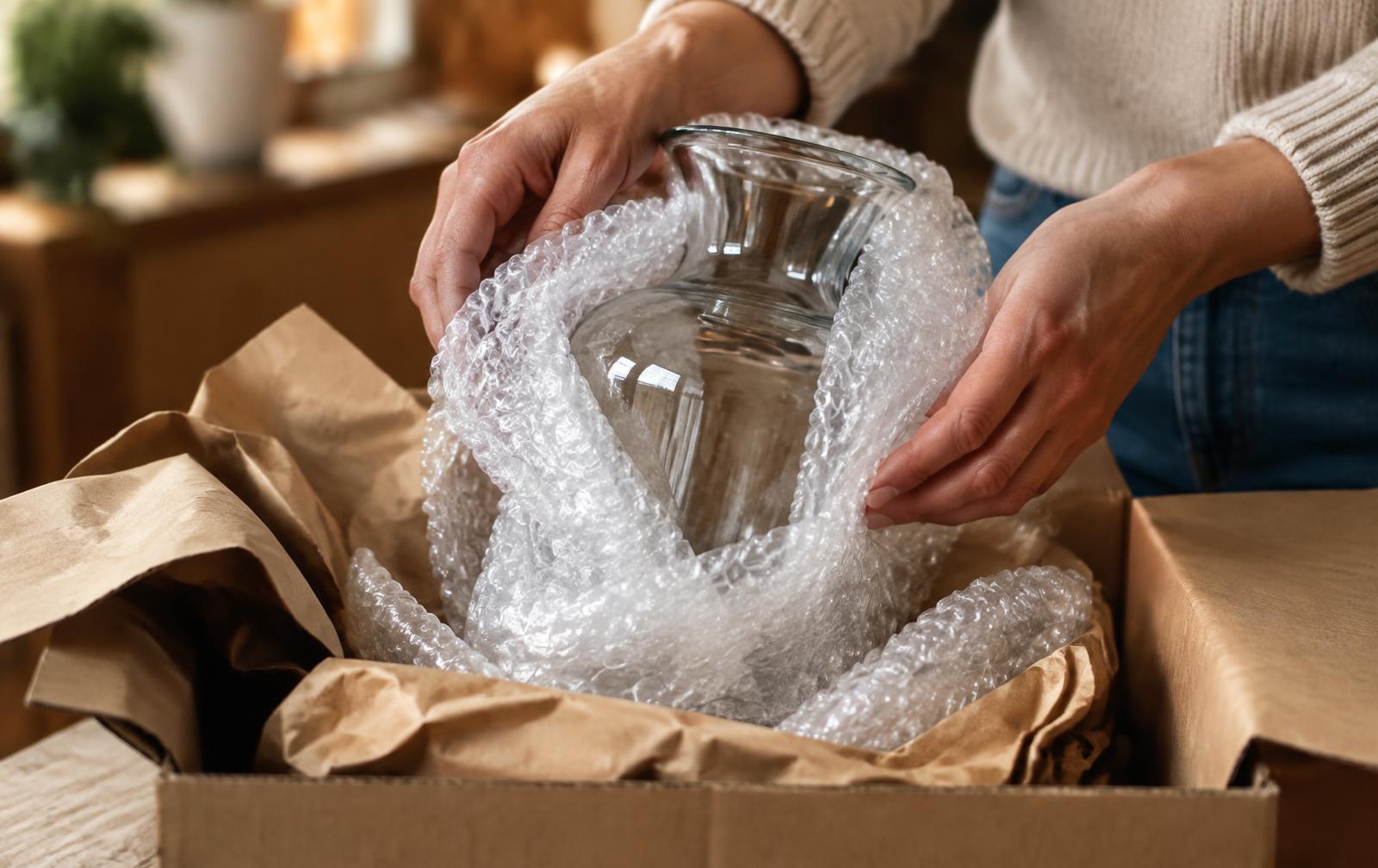 Vase en verre emballé dans du papier bulle avant d'être mis en carton