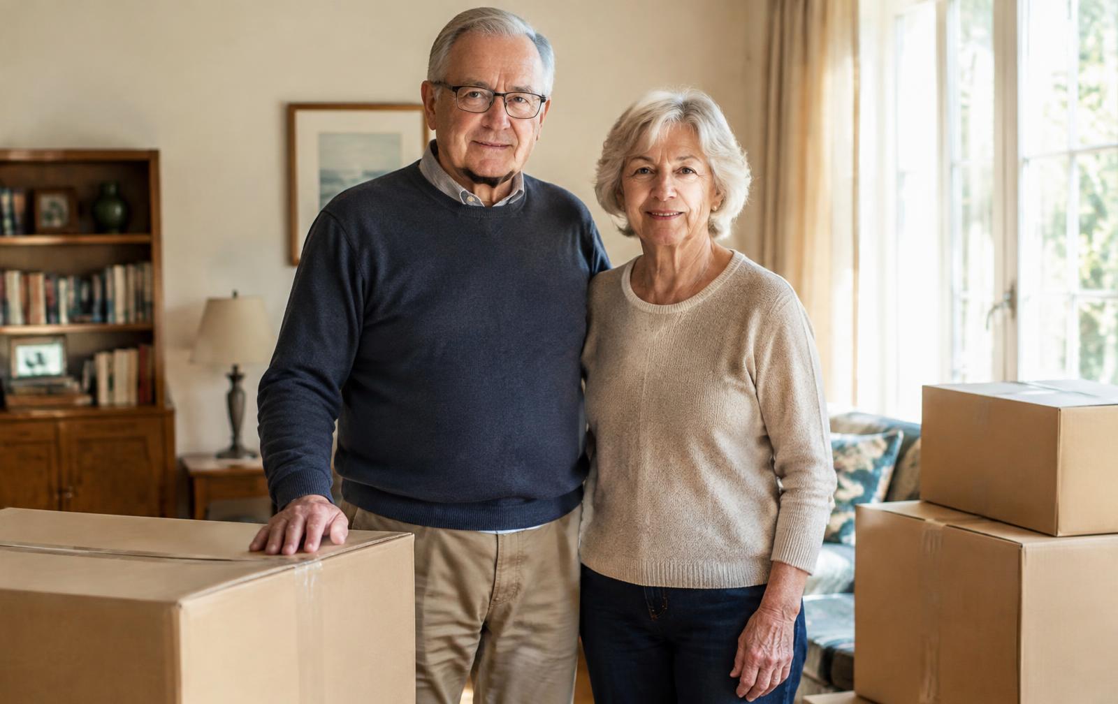 Couple de seniors devant leurs cartons de déménagement dans leur salon